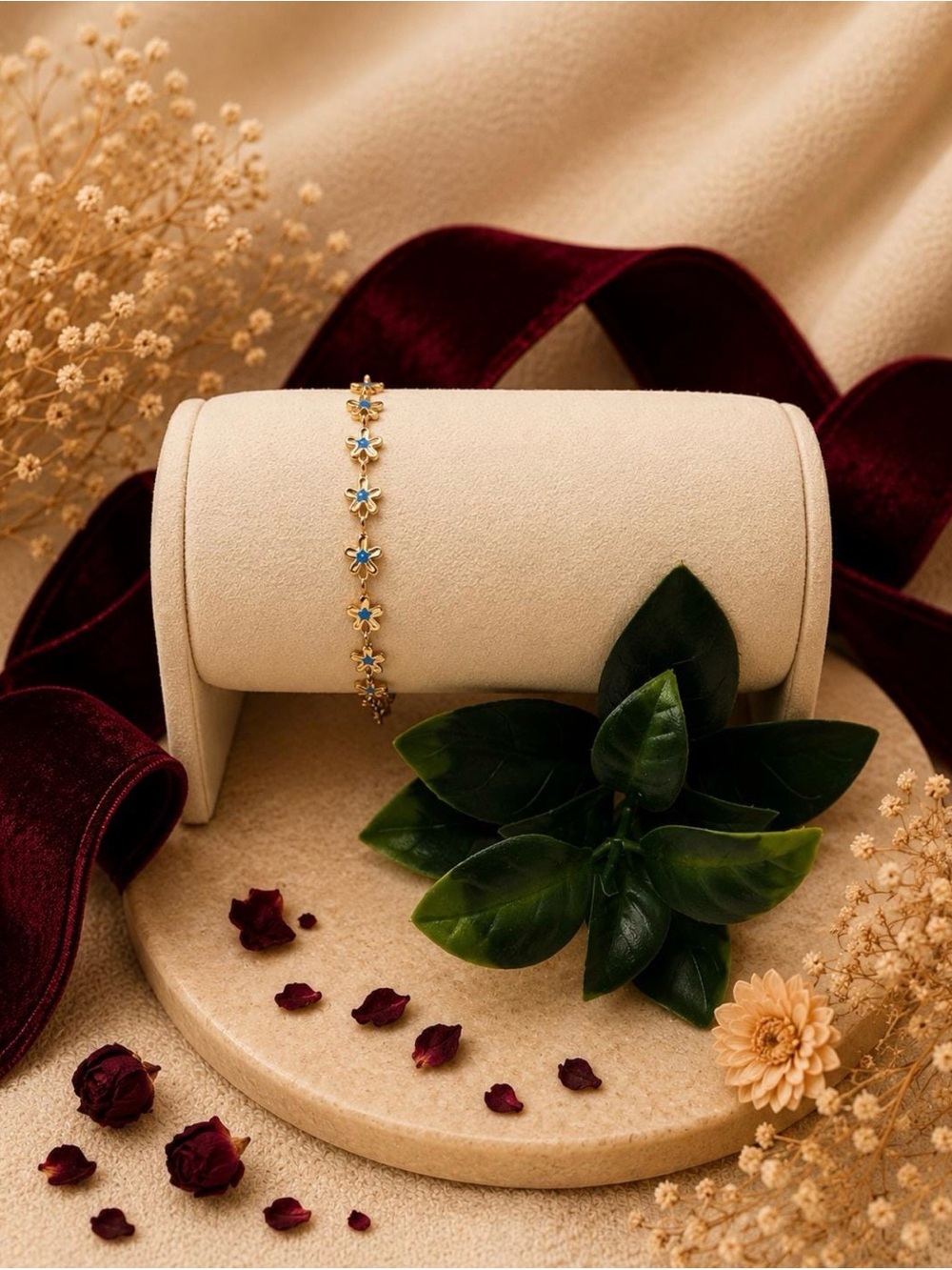 Gold Flower Link Bracelet with Blue Accents